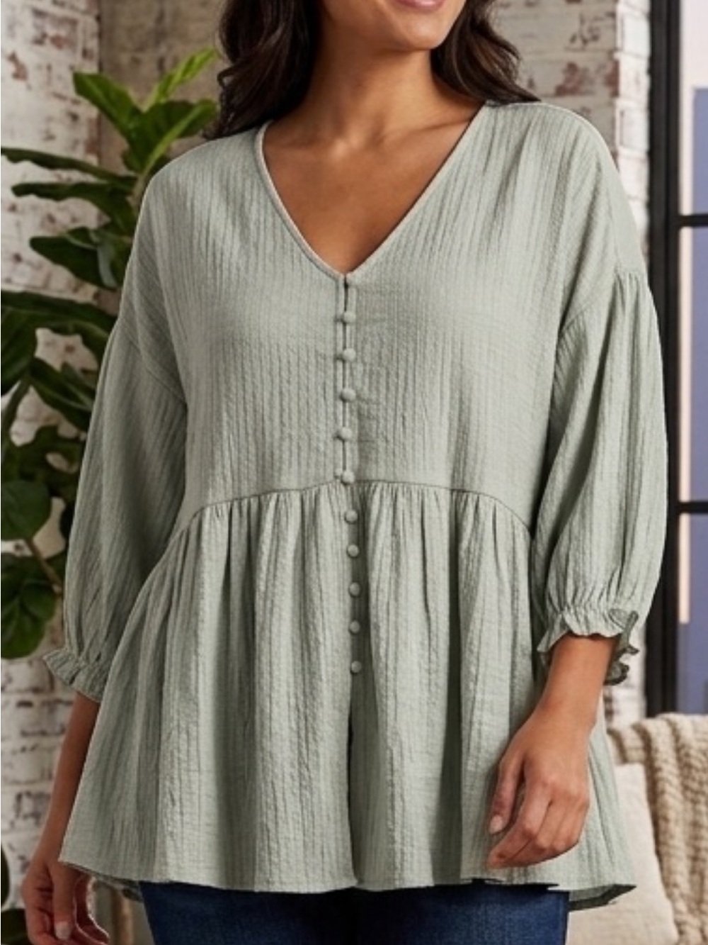 Papillon Blanc Sage Green Smocked V-Neck Peplum Tunic